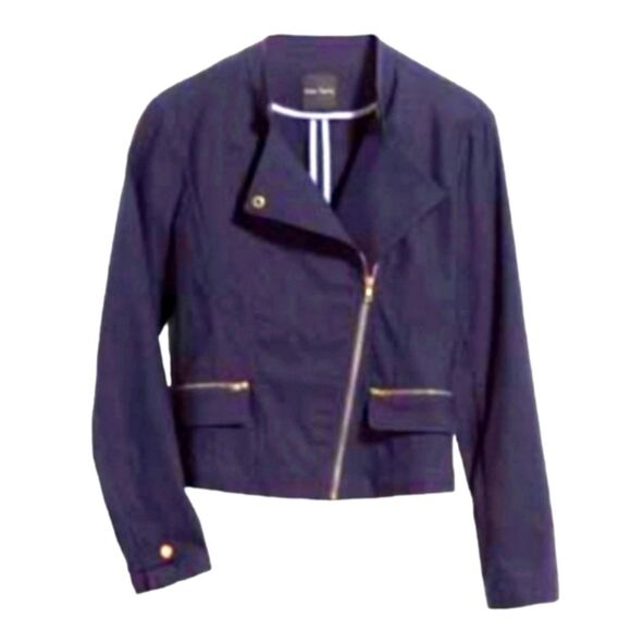 Eden Society Blazer Moto Jacket Navy Blue‎ Stretch Cargo Gold  Zipper Pocket M - Picture 1 of 12